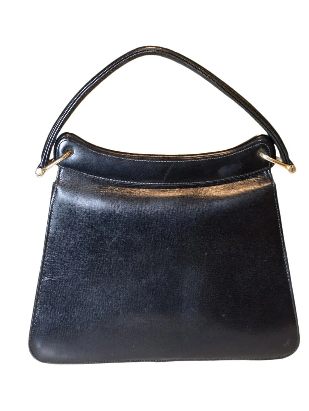 Vintage Black Leather Kelly Style Top Handle Bag Clasp Satchel
